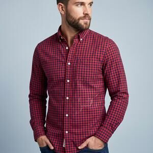 H&M L.O.G.G. Men's Gingham Check Button Down Shirt Red Navy Blue Casual Small
